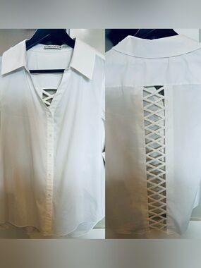 Alice + Olivia White Button-Down Shirt with Lattice Back Detail